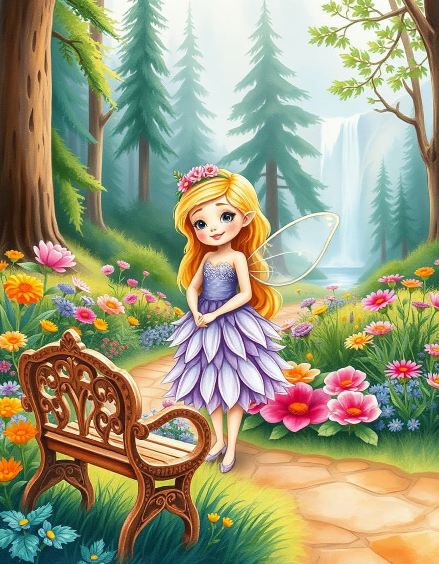 a tiny fairy named chameli standing in a colorful flower garden, smiling gently, wearing a lavender petal dress, golden hair with a small flower crown, transparent rainbow wings, in the foreground a delicate, intricately carved wooden bench, in the middle ground a lush, vibrant flowerbed with chameli's favorite blooms, and in the background a serene, misty forest with towering trees and a distant, shimmering waterfall, soft pastel lighting, watercolor style.