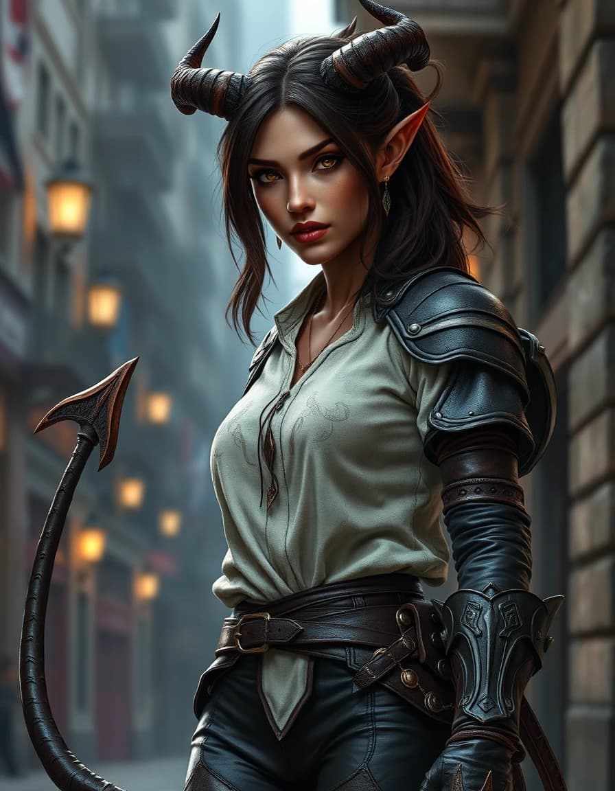 Cinematic, masterpiece, best quality, 8k, semi real comic book, tiefling woman, long demon tail, bronze skin, small ears, tiny impala horns, amber eyes, coy look, medium length dark brown hair, dark fantasy, detailed, realistic face, digital, gritty leather armor, fantasy leather armor leggings, white linen shirt with bronze designs, short fantasy dark brown leather jacket, leather gloves, leather armored boots, full body character, fantasy city, strolling the city streets.