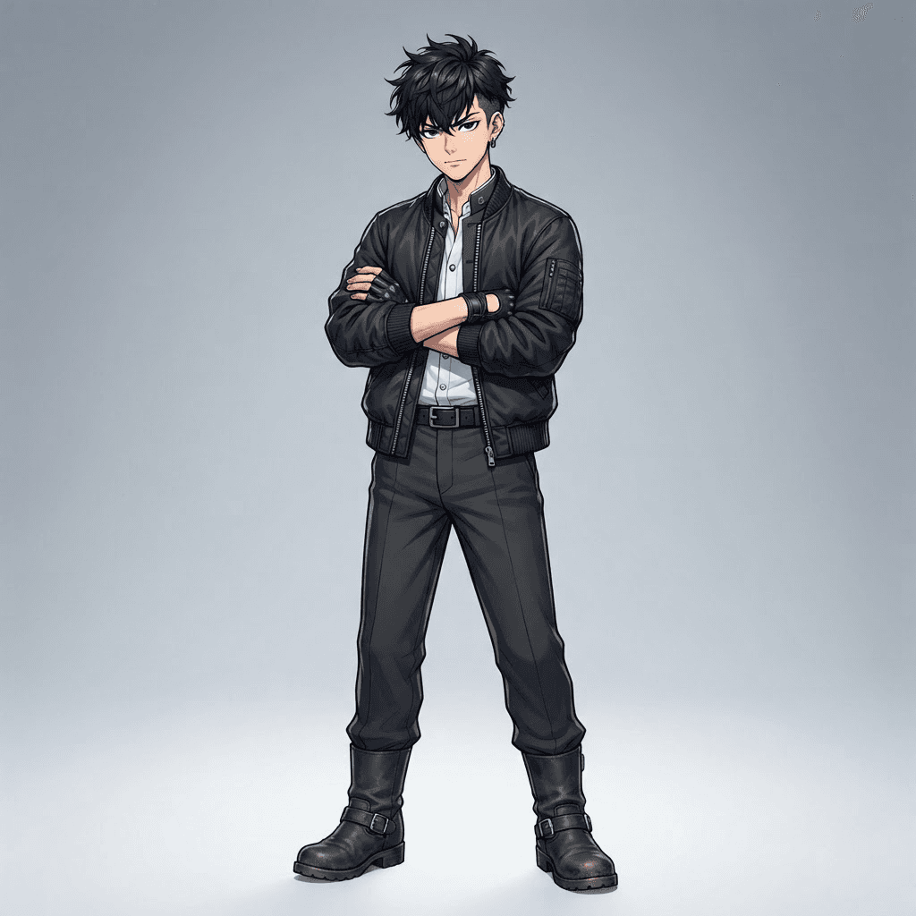 original biker gang member character, young man with black undercut hair, black bomber jacket over a school uniform, arms crossed, standing full body, modern shonen anime style, clean cel shading, bold lineart, soft grey gradient studio background, crisp high detail, no text, no words, no watermark