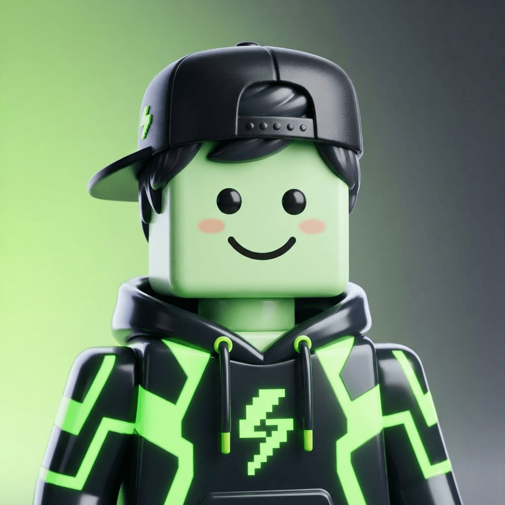 original blocky toy avatar character headshot, cube-shaped head, cheerful smiling face, black and neon-green hoodie, backwards cap, glossy plastic toy render, sandbox video game style