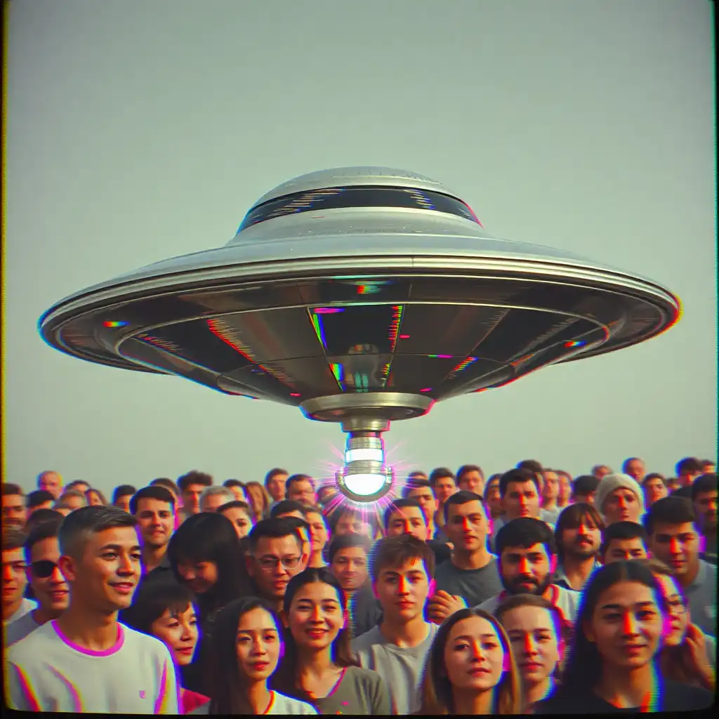 A glitched VHS recording captures a metallic UFO with warped distortions and staticky interference, giving it an eerie and surreal appearance. The saucer shape is fragmented and flickering with neon, digital artifacts, while the vacuum attachment pulses with glitched lights and emits distorted, electronic sounds. In the background, the curious crowd's faces are digitally distorted, their expressions glitching between awe and confusion as they witness this distorted and otherworldly phenomenon in their glitched landscape.