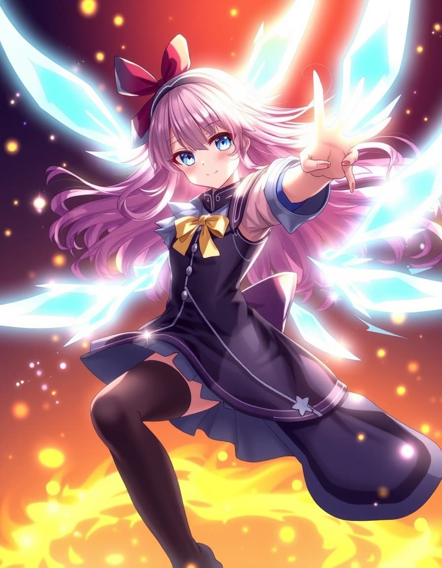 anime girl with glowing powers, sparkles, dynamic pose, flowing hair, fantasy outfit, dramatic lighting