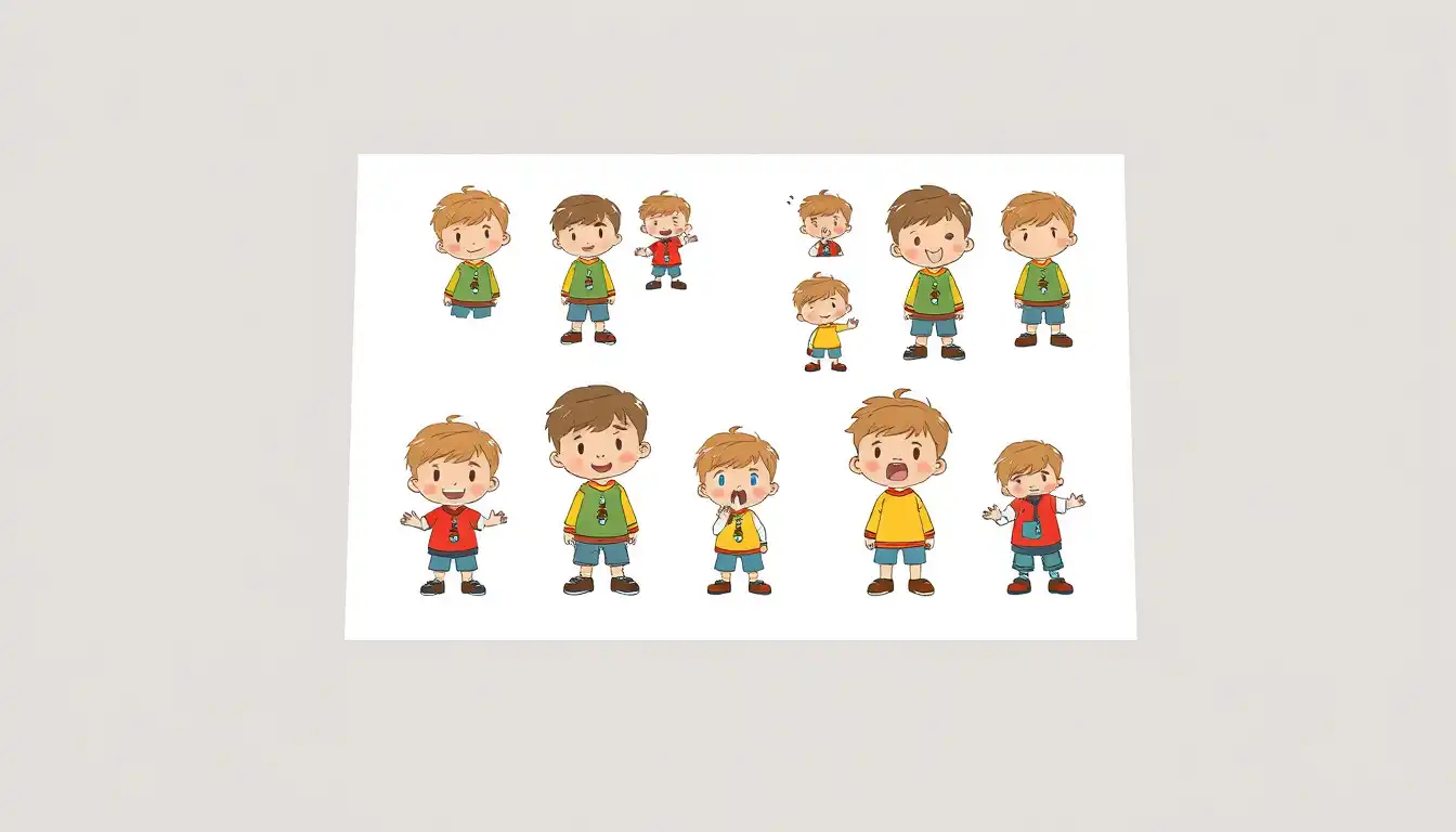 CHARACTER DESIGN SHEET

children character design, cute kid in multiple poses (happy, sad, excited), clean white background, colorful outfit, professional illustration sheet, high detail