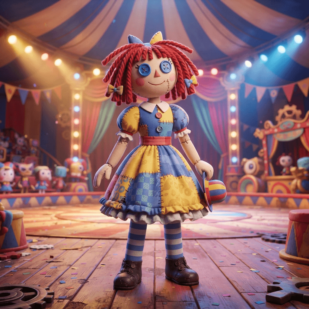 Ragatha from The Amazing Digital Circus, patchwork rag doll girl, red yarn braided hair, blue button eyes, blue and yellow dress, striped stockings, full-body portrait standing on the circus stage, glossy 3D circus style, polished expressive 3D animation, bright colorful Amazing Digital Circus environment, no text, no logo, no watermark