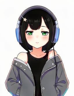 VTuber character portrait of female, a cosy gamer in an oversized hoodie with big headphones, fully clothed, black hair, a short chin-length bob, vivid green eyes, a fair complexion, a star hair clip, cool and confident, clean anime VTuber model art, cel-shaded 2D illustration, crisp lineart, vivid colours, soft rim lighting, head and shoulders, facing forward, plain flat white background