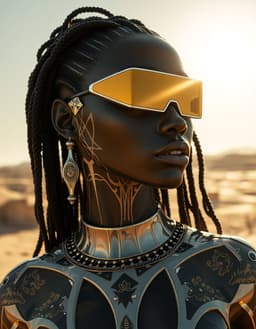 futuristic supermodel in crystalline african‑inspired architecture, fractal repetition layout with self‑similar geometric motifs echoing across surfaces, harsh desert noon lighting casting stark vertical white‑yellow sun, razor‑edged black shadows and blown‑out highlights, chrome‑steel accents and gold‑ground byzantine iconography subtly reflected in the repeating patterns.