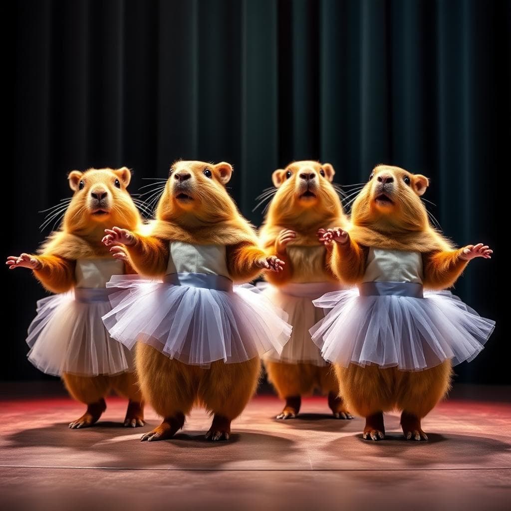 four capybaras  wearing tutus dancing on stage 