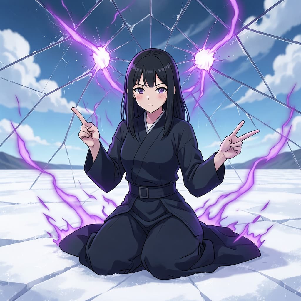 a female sorcerer in a dark uniform, hands in a sign, kneeling in a white salt field under a glass sky cracking into pieces, violet cursed energy pouring from the cracks, cinematic