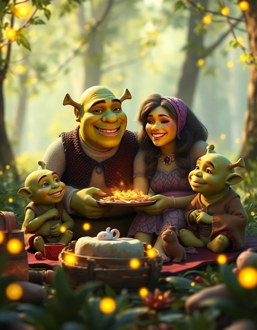 create a ghibli-style image of a shrek and fiona family photo, capturing an unprecedented moment. depict shrek and fiona, adorned in whimsical, hand-stitched clothing, picnicking with their ogre triplets in a sun-dappled swamp clearing filled with glowing fireflies. focus on the loving expressions of the family as they share a moment of laughter, surrounded by whimsical, oversized flora and fauna.
