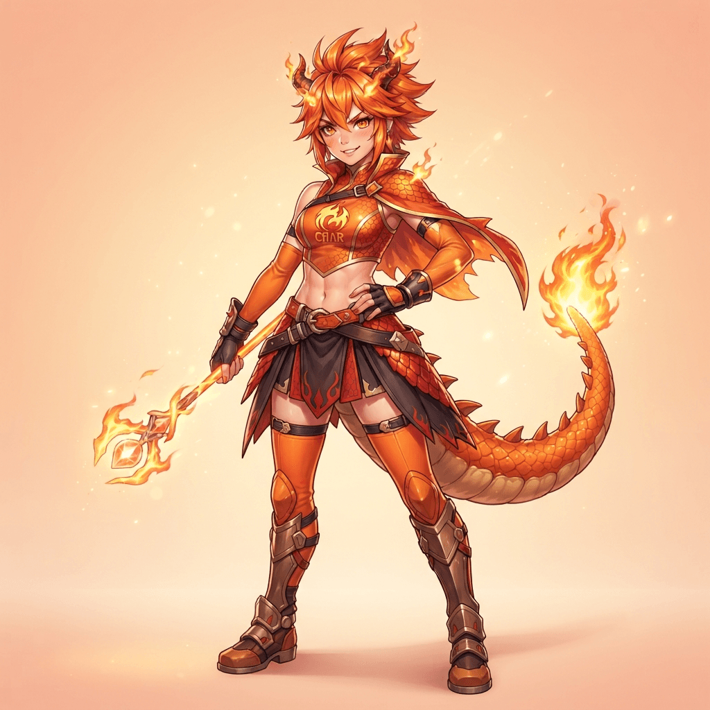 gijinka anime girl, humanized fire lizard creature, orange hair, flame-tipped tail accessory, confident pose, clean soft gradient studio background, vibrant, crisp high detail, digital illustration