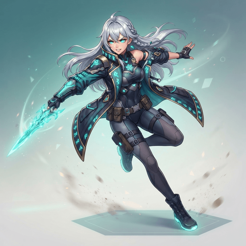 original character design, confident anime heroine with silver hair and teal eyes, asymmetric jacket with glowing rune accents, dynamic concept-art pose, clean soft gradient studio background, vibrant, crisp high detail, digital illustration