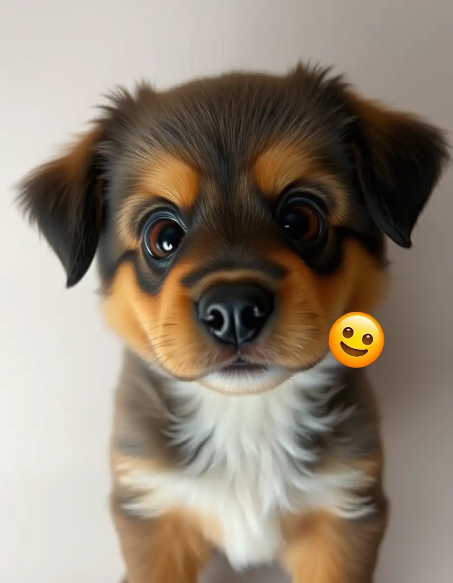 a charming canine figure with exceptionally large, expressive eyes, resembling a puppy. the dog's face is soft and inviting, its gaze directed slightly upward, conveying a sense of innocence and a hopeful, puppy-eyed expression. the dog's fur is thick and plush, with subtle variations in texture and color, creating a realistic appearance. the background is plain, a soft and neutral color that doesn't distract from the dog's emotive features. the overall impression is one of adorable charm, with the dog's features dominating the composition. an emoji is gently floating near the dog's face, highlighting its emotions.

