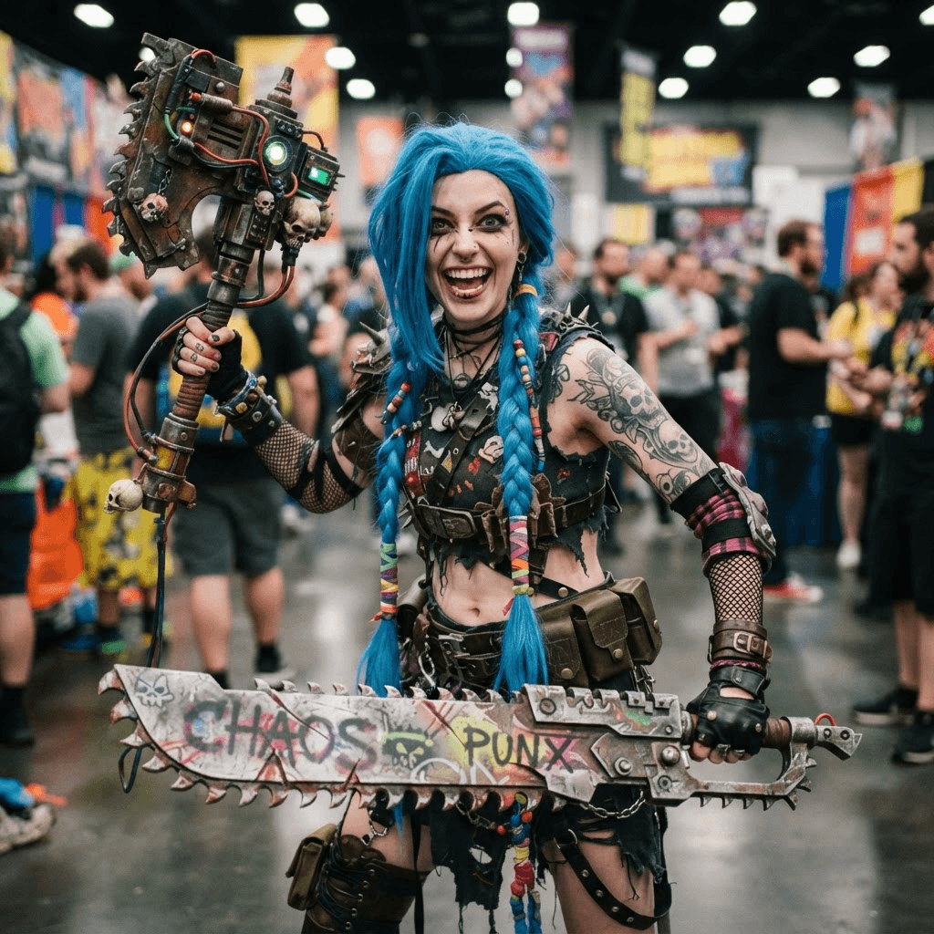 a manic blue haired girl in long braids with arm tattoos, a crop top and oversized weapons, cosplay portrait, waist up, detailed costume