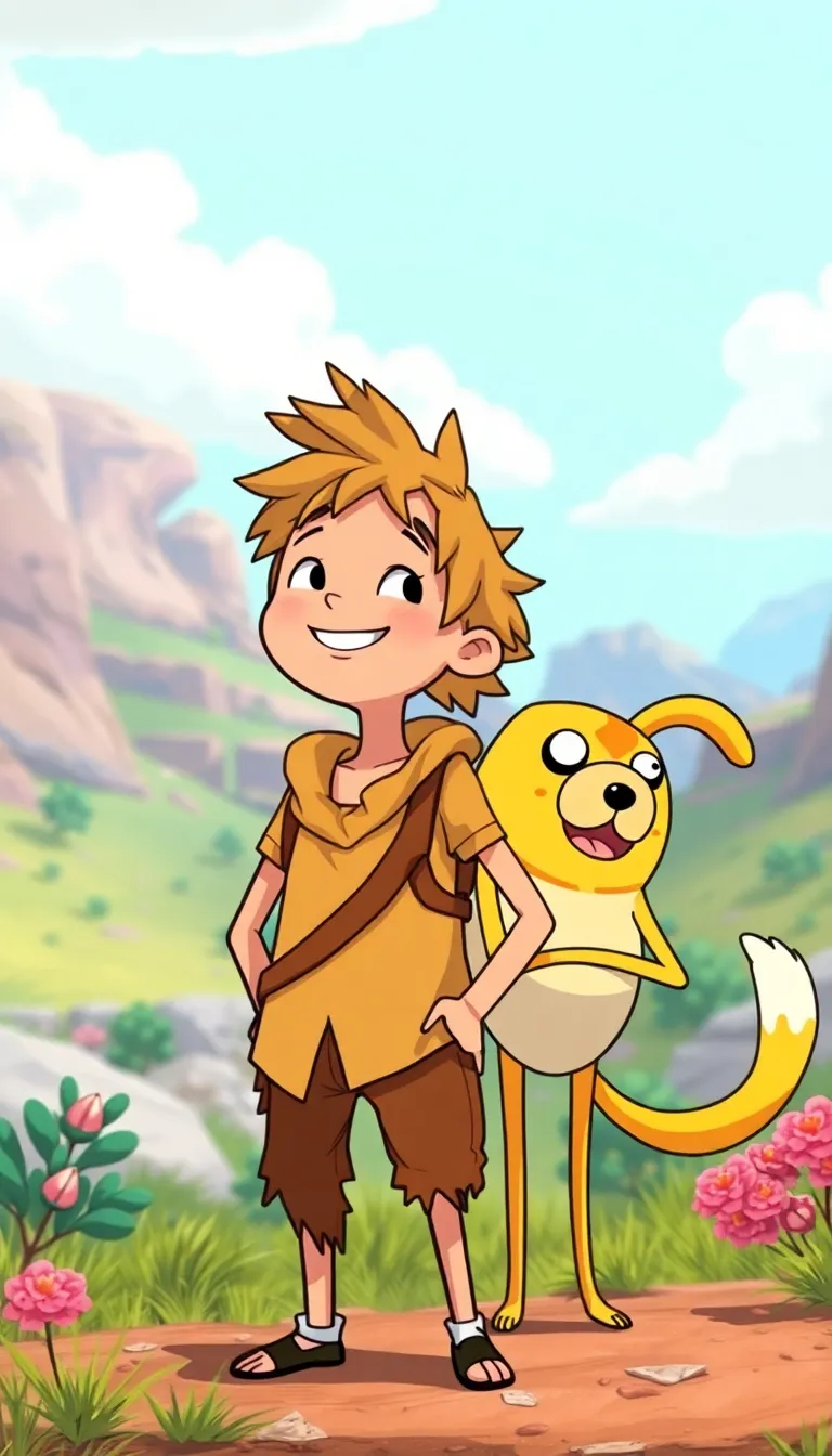 in a vibrant, whimsical landscape with an atmosphere reminiscent of a fantasy realm, a cartoon-inspired scene unfolds featuring finn and jake from adventure time. finn, the iconic hero from the post-apocalyptic land of ooo, stands before us with an earthy complexion, his short, spiky hair bursting with messy texture, adorned with a radiant grin radiating innocence and optimism. his eyes sparkle with an unwavering sense of wonder, gazing out into the horizon. finn's attire consists of a tattered, cream-colored shirt and matching hat, with pants that showcase his carefree, adventurous spirit.

by finn's side stands jake, the perpetually cheerful and endearingly dim-witted magical dog, with a robust, fluffy coat boasting hues of orange, yellow, and creamy white. jake's countenance exudes unbridled enthusiasm, as his massive ears and long, spindly arms dramatically swing with an air of joyful abandon. jake's tail, an enduring symbol of his perpetual good mood, wagging non-stop as it flows behind him like a carefree whirlwind.

the entire scene is presented in an affectionate, exaggerated cartoon style, with crisp, minimal shapes and stark, bright colors, slightly distorted to evoke an endearing sense of wonkiness. the resulting image should capture the quintessence of finn and jake's enduring friendship, set against a captivating backdrop that fuses vibrancy with a deep sense of imagination, inviting viewers to step into their captivating world of endless wonder.