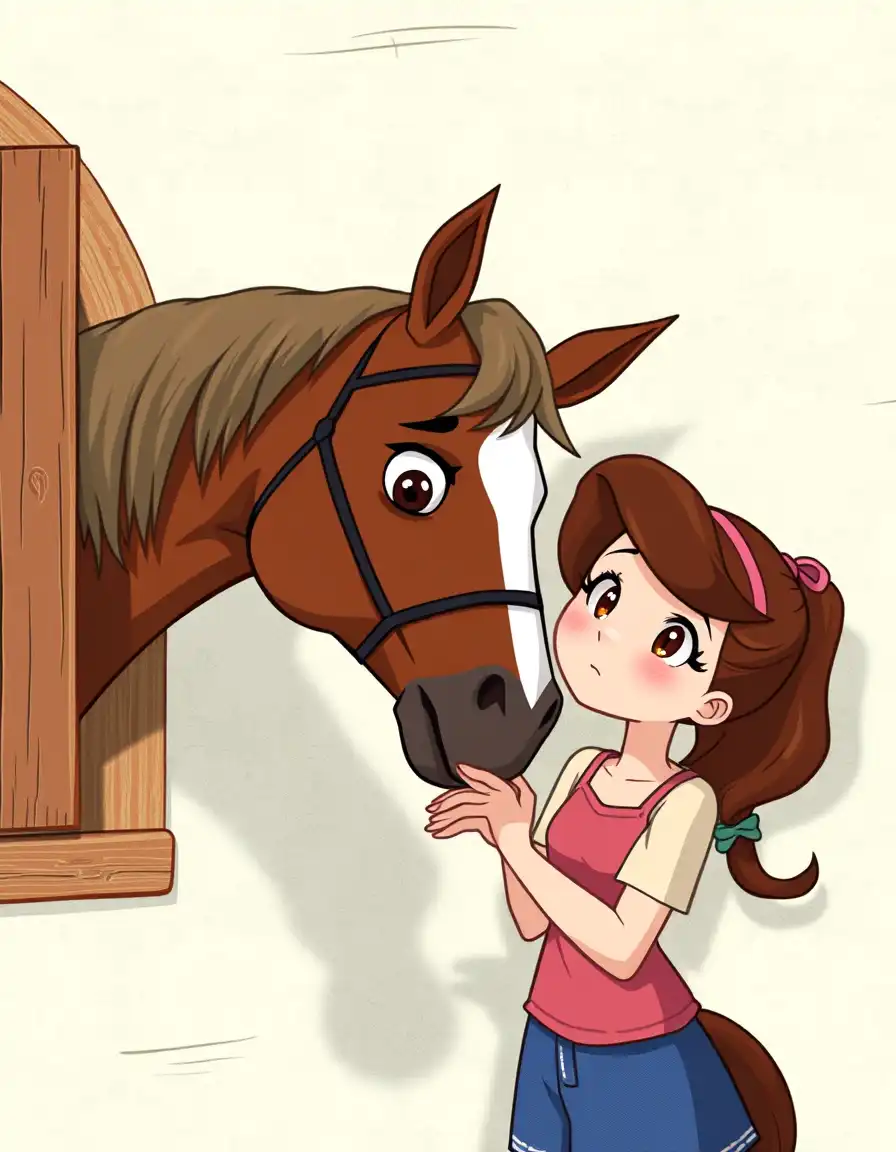 make wally darling from welcome home have a horse body and and julie from the same show a shy blushing girl getting flirted bu the horse with wally darling face in wall with her which is wally darling in a 2d environment. Try to make it similar to the "will u be my owner" scene from the horse anime game."use their actual face and facial features don't alter".