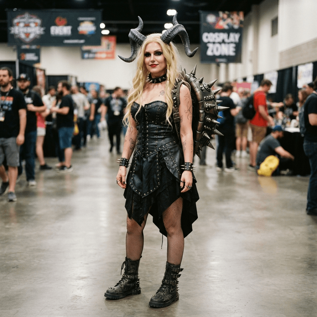 a blonde woman with horns, a spiked collar, a black strapless dress and a spiked shell backpack, cosplay reference, full body, standing portrait
