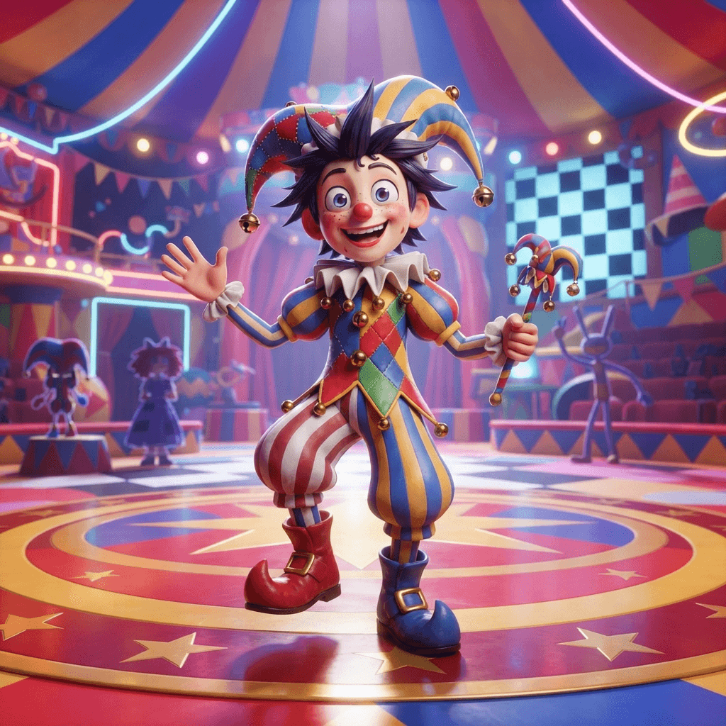 Jonesy from The Amazing Digital Circus, quirky cheerful cartoon circus character, bright colorful design, full-body portrait standing on the circus stage, glossy 3D circus style, polished expressive 3D animation, bright colorful Amazing Digital Circus environment, no text, no logo, no watermark
