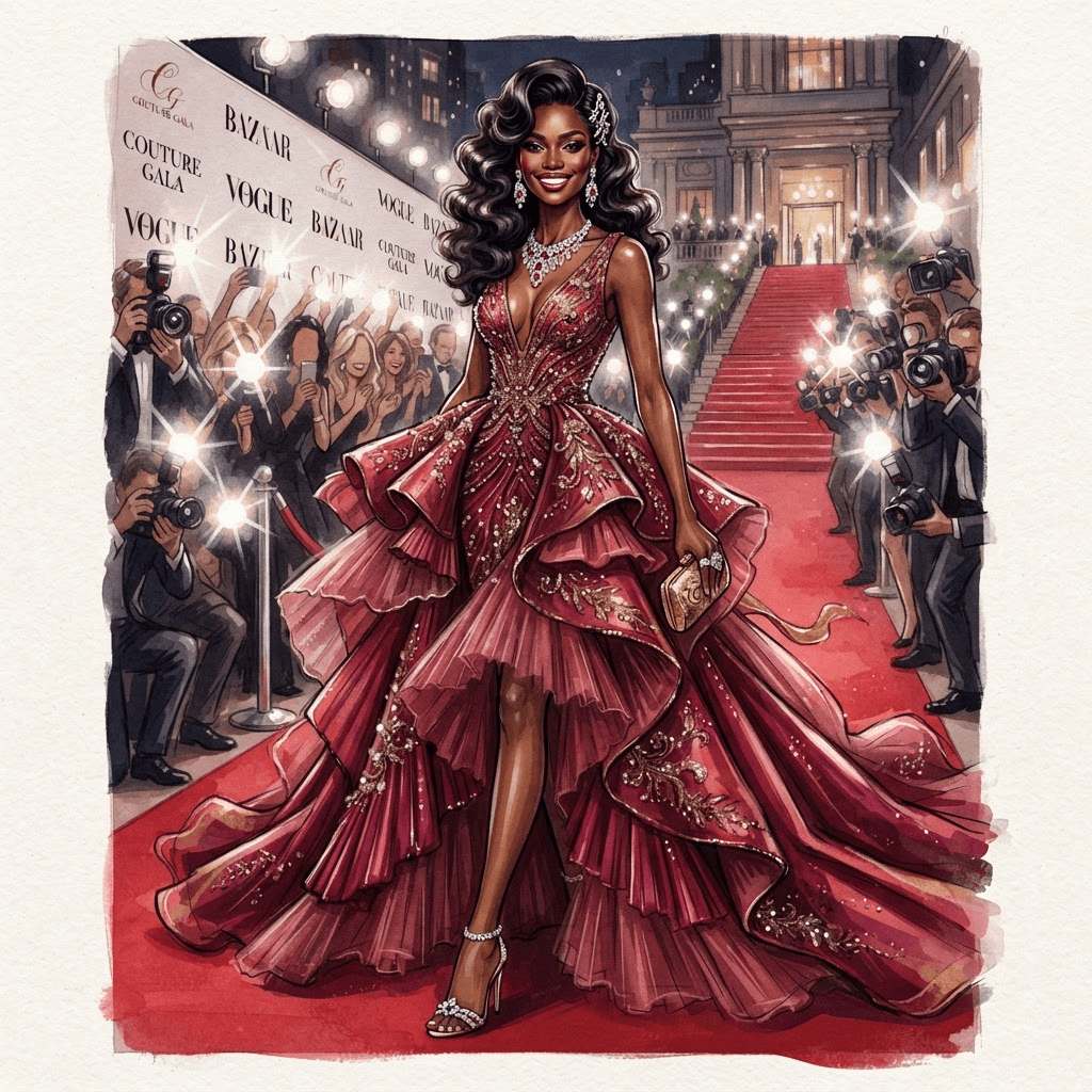 red carpet fashion, sweeping couture gown, statement jewelry, flashbulb glamour, styled with statement accessories, fashion illustration, full body