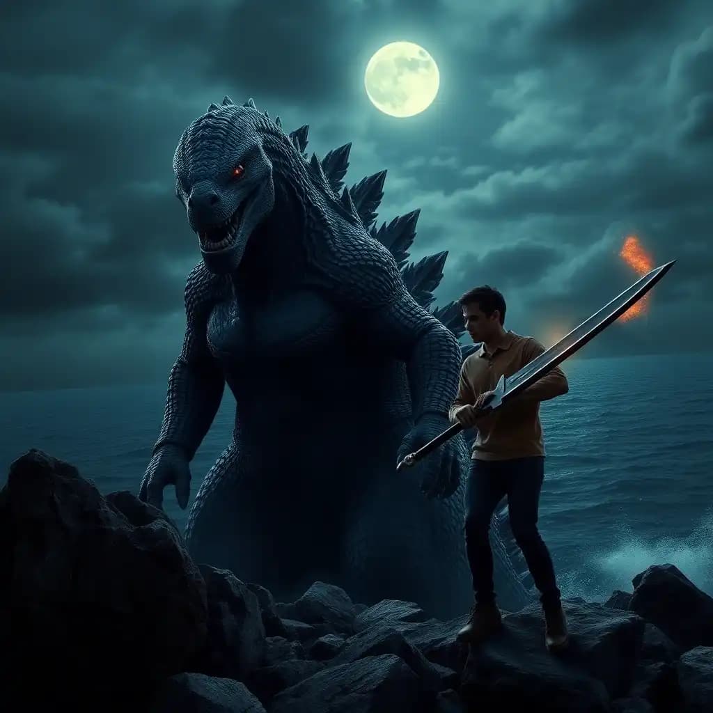 Dark gray, muscle-bound Godzilla, Komodo dragon horns, glowing red eyes. Fearful face.  Man, short dark hair, brown shirt, dark pants, holds large, gleaming sword.  Rocky outcrop, dark ocean. Distant volcano erupts, smoke darkens stormy sky. Moonlight highlights Godzilla's scales, man's fear.  Sharp, textured Godzilla skin.  Dramatic, gritty, cinematic style.  Man's small size emphasizes Godzilla's immense power.  Ocean waves crash on jagged rocks.
