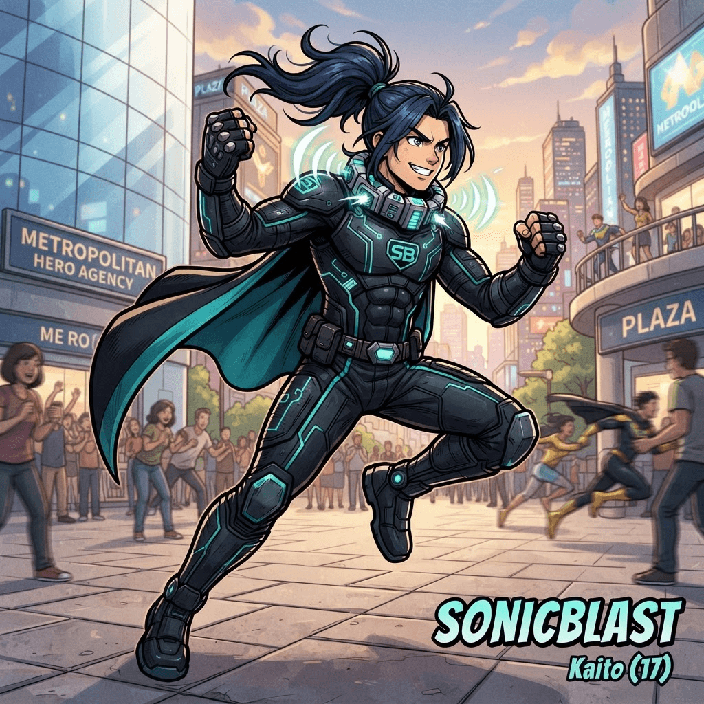 male teen hero in a sleek black and teal hero suit with a sound blast collar gadget, long dark blue hair tied back, bold thick shonen line art, dynamic pose, busy city hero agency plaza