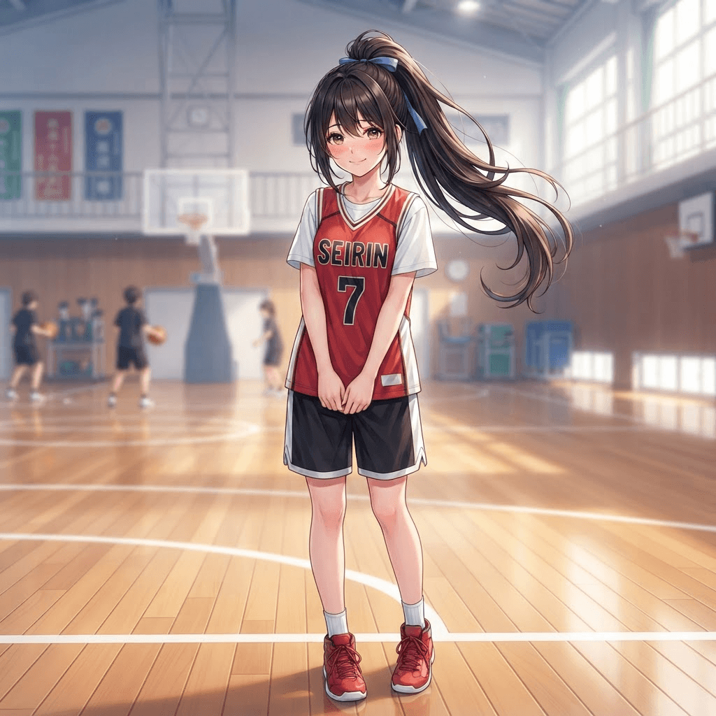 sports romance anime high school girl in a basketball jersey, long ponytail, standing in a bright school gymnasium, shy smile, clean soft gradient studio background, vibrant, crisp high detail, digital illustration, no text, no words