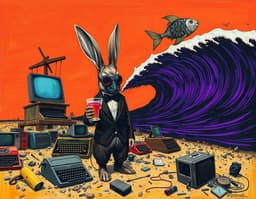 a rabbit in a torn tuxedo and gas mask sips neon liquid amid piles of vintage typewriters and broken electronics in a desolate wasteland, while a rust‑fused judge looms as a giant scale, mechanical clock‑gear fish drift in an orange sky, and a massive wave of purple tv static forms the horizon. rendered with dissonant brushwork: swirling, turbulent lines, thick uneven strokes, and tilted, claustrophobic composition under a blood‑red sky and dark churning water. harsh palette of sickly yellows, deep reds, and blacks, high contrast, expressive agitated strokes convey raw existential dread and alienation.