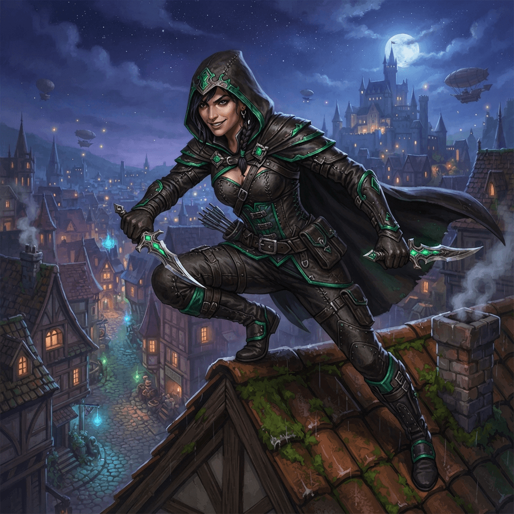 original fantasy rogue oc, hooded leather armor, twin daggers, rooftop pose, painterly high fantasy art