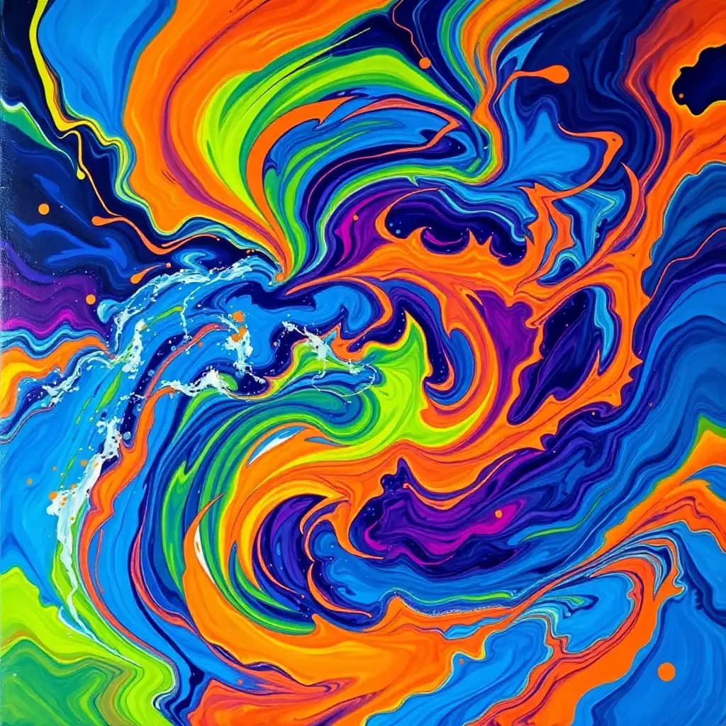 A mesmerizing explosion of swirling colors and bold textures, creating a hypnotic dance of motion and chaos. Vivid blues and fiery oranges crash against each other like waves, while streaks of neon green and deep violet seem to twist and dissolve into the canvas. The paint appears to be in motion, as though the entire piece is breathing and shifting with each passing second. Shapes emerge and fade—a fleeting glimpse of a human face, the suggestion of a distant cityscape, a swirl that resembles a cosmic galaxy—before blending seamlessly back into the abstract form.