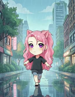 violet whisper stands on a rain‑slick city street, her wide stride forward and arms swinging, the rain softening the neon glow into gentle blues and greens. the background is a lush, dreamlike blend of verdant foliage and towering skyscrapers, rendered in a ghibli‑style palette of earthy tones and delicate pastel accents. clean, expressive lines frame her silhouette, her face serene and focused, while the open sky and misty horizon invite a tranquil, immersive atmosphere.