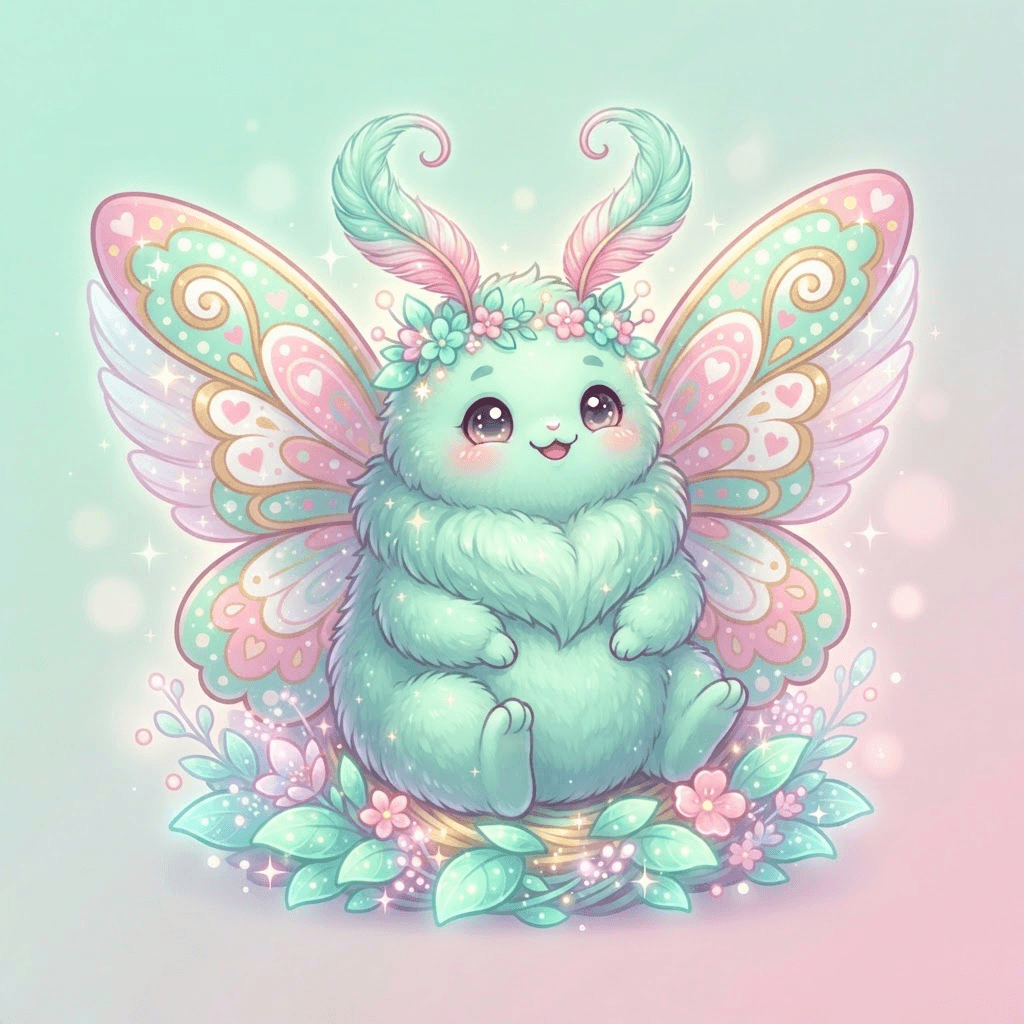 Fluffy moth creature original character design, pastel mint and pink wings, cozy mascot style, digital illustration