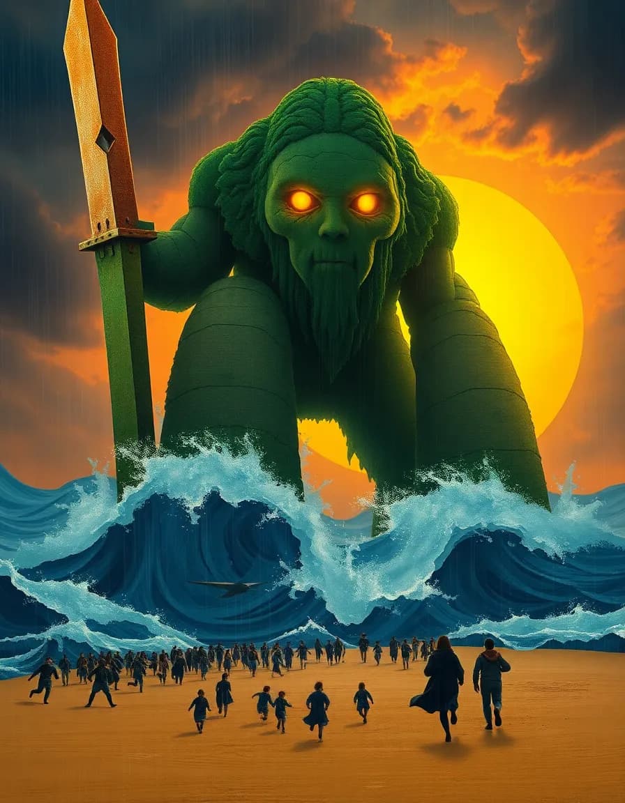 a colossal, terrifying ancient giant stands in a dark, stormy ocean during a dramatic sunset, its weathered, stone-like skin covered in green seaweed and sharp barnacles, with glowing amber eyes, holding a massive rusted celestial sword. the giant's form is constructed from flat, overlapping shapes, collaged textures, and mixed media, with bold, decorative planes of bright greens, warm browns, and vivid blues. huge waves crash against its legs, their surfaces simplified into large, interlocking silhouettes with crisp, decorative edges. in the foreground, a crowd of tiny, terrified people on a sandy beach are desperately running away toward the land, their forms reduced to simplified shapes and silhouettes, with intense motion blur to show their speed and panic. the scene is filled with thick fog, heavy rain, and dramatic golden hour lighting clashing with dark storm clouds, rendered in a layered, tactile, and playful manner, emphasizing assembled construction over analytical decomposition. the surface is a collage of simulated textures, including wood grain, newsprint, and wallpaper patterns, integrated into the composition to create a sense of depth and visual interest.