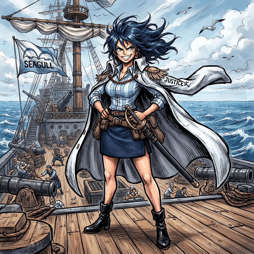 original One Piece style character, bold shonen anime line art in Eiichiro Oda's exaggerated style, expressive face, wild silhouette, vibrant colors, no text, no logos, crisp high detail, a female marine officer OC with a white justice coat over her shoulders, a sabre at her hip and a confident grin, on a battleship deck at sea