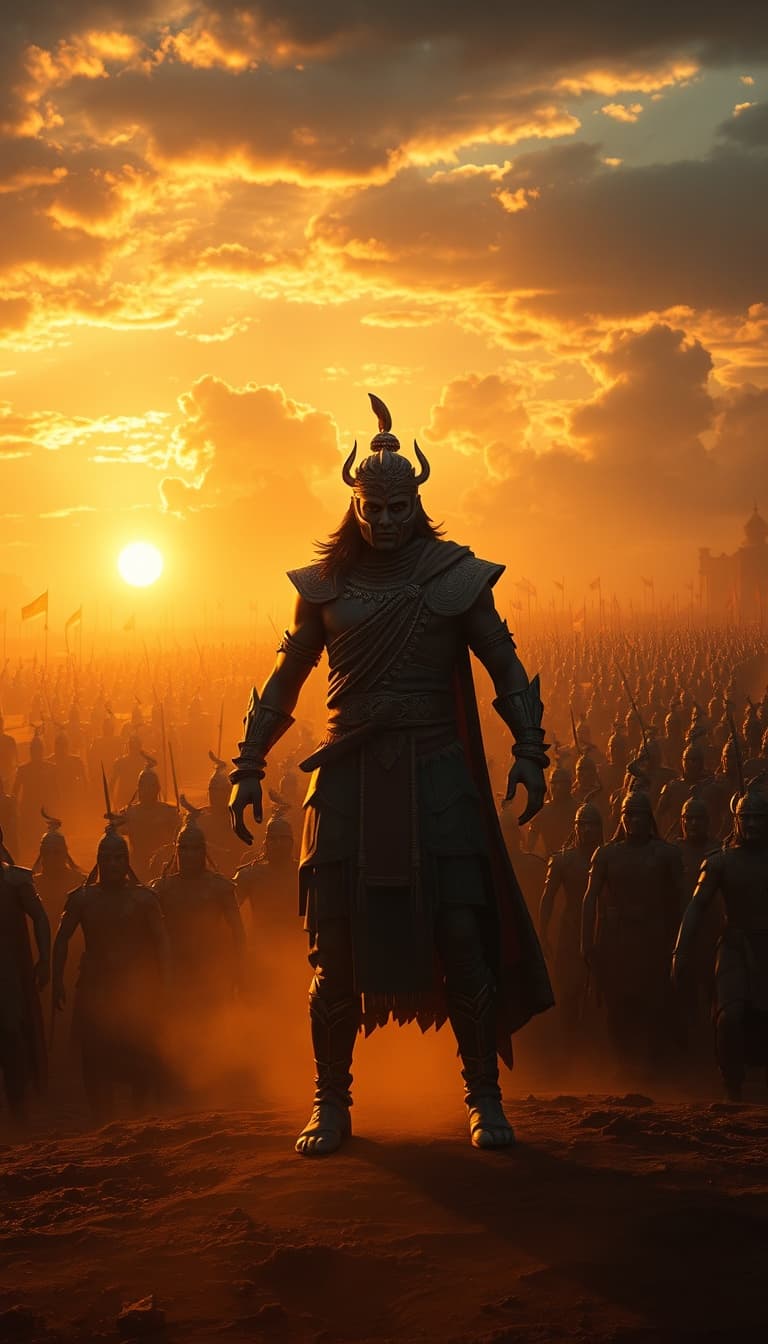 Epic Mahabharata battlefield at sunset, powerful warrior Ashwatthama standing alone with glowing divine aura, massive Kaurava army behind him, dramatic sky and dust, cinematic golden lighting, epic Indian mythology style, ultra realistic 3D render, vertical 9:16, thumbnail worthy
