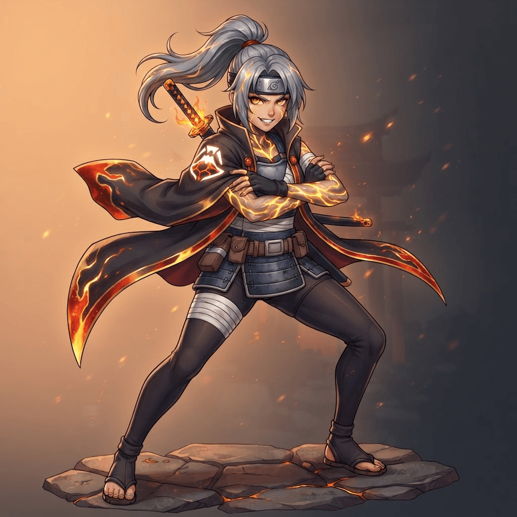 original anime kunoichi with ash-grey hair and molten gold veins glowing along her arms, a bloodline power of magma, clan crest on her cloak, confident stance, shonen ninja anime style, clean soft gradient studio background, vibrant, crisp high detail, digital illustration