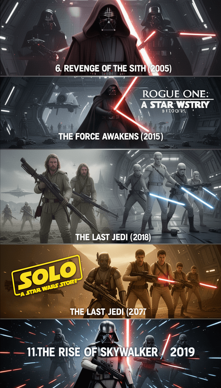 MUST WATCH Sci-fi & Action movie: (Part 3) 
6.Revenge of the Sith (2005)
7.The Force Awakens (2015)
8.Rogue One: A Star Wars Story (2016)
9.The Last Jedi (2017)
10 Solo: A Star Wars Story (2018)
11.The Rise of Skywalker (2019)
Generate image and Convert to 9:16  releted with movie photos with best quality