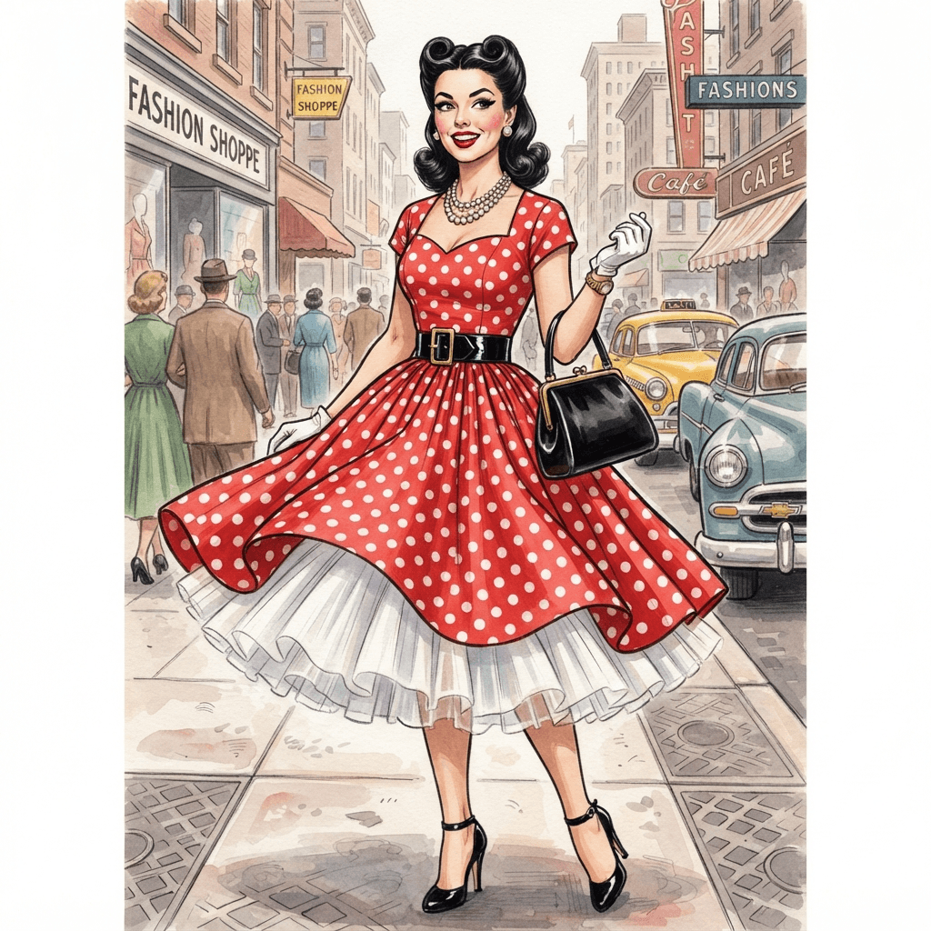 nineteen fifties fashion, full circle skirt with petticoat, cat eye liner, victory rolls, polka dots, styled with statement accessories, fashion illustration, full body