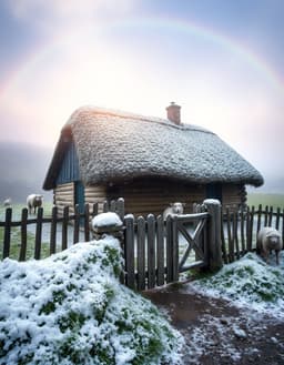 a hyper‑realistic dslr photograph of a rustic thatched‑roof cabin in the british countryside battered by an enraged snowstorm, captured with a 50‑75mm lens and soft natural light. the low‑angle wide shot follows the rule of thirds, showing swirling white wind, misty fog, and frost‑kissed snowflakes around the wooden fence and charming gate. lavender‑hued rays illuminate rolling green patchwork fields dotted with fluffy white sheep and a faint rainbow arching overhead. film‑grain texture, shallow depth of field, and extreme detail with subtle pores and imperfections give the scene ultra‑high resolution photographic realism and a natural color palette.