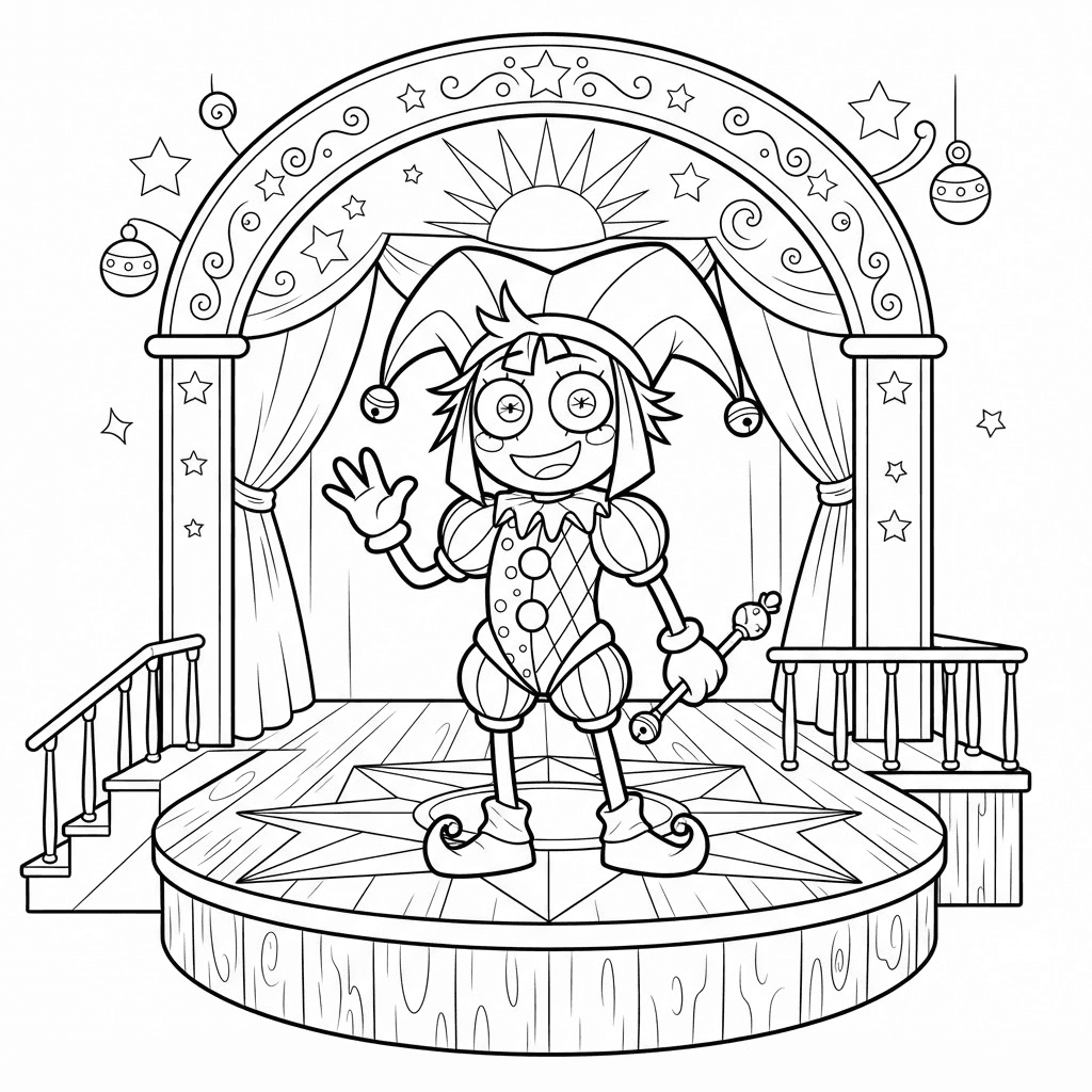 Black and white line art colouring page for kids, a cheerful jester character standing on stage, Amazing Digital Circus cartoon style, clean bold outlines, pure white background, no shading, no colour, no text, no logo