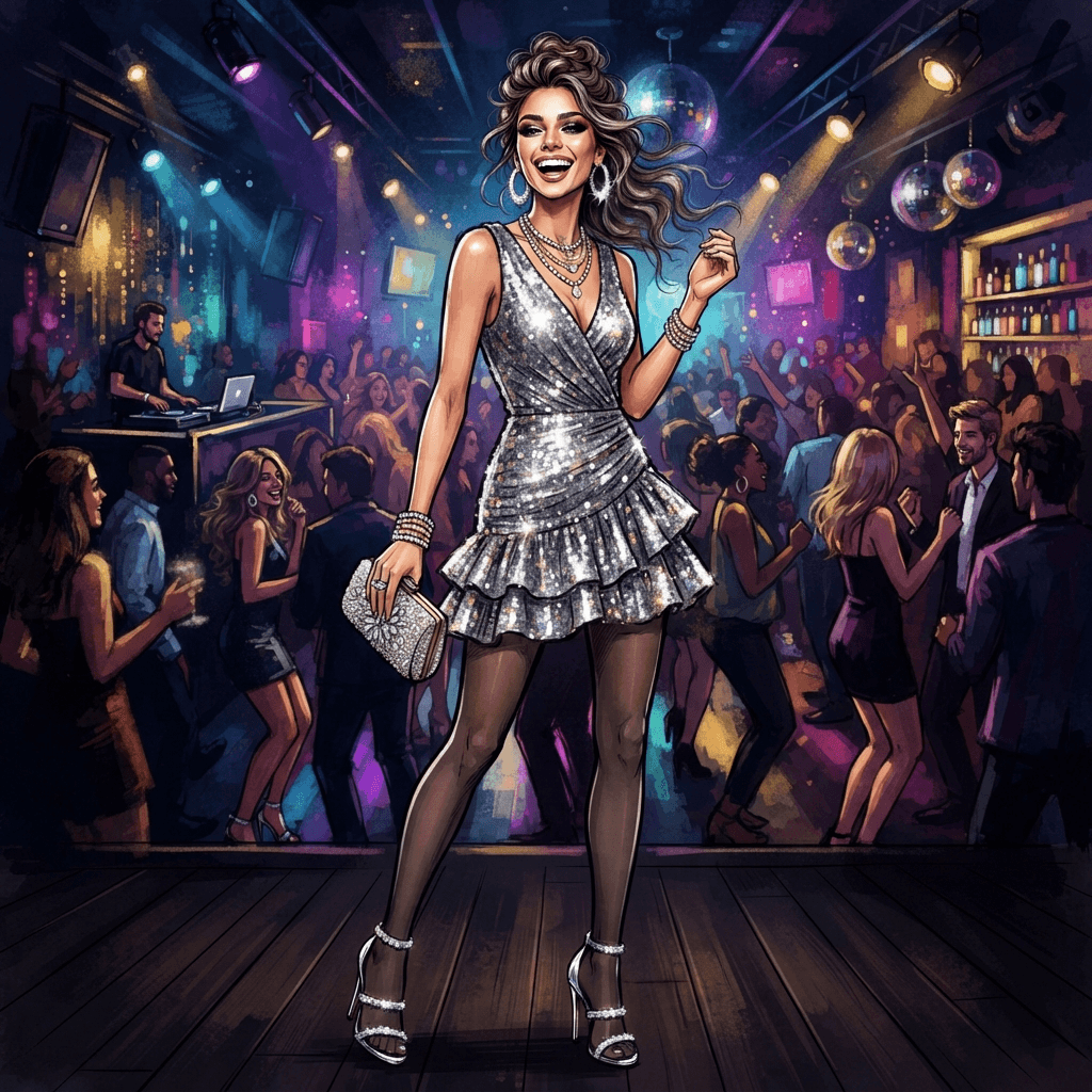 party fashion, going out mini dress, sparkle and heels, night out styling, styled with statement accessories, fashion illustration, full body