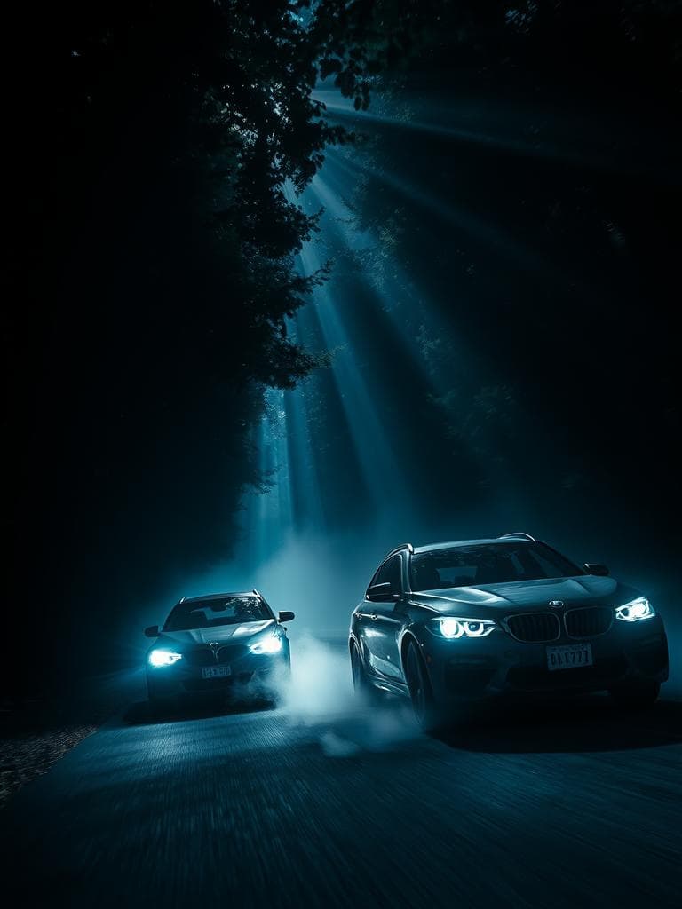 Two cars racing through a dark forest, under a midnight sky. Dramatic god rays pierce through the thick canopy of leaves overhead, creating luminous beams of light that cut through the night. The beams highlight the dust and mist kicked up by the speeding cars, making the scene feel magical and intense. The contrast between the cars' headlights and the shadows around them adds to the thrill and mystery, as if they're part of a grand, mythical chase under the stars.