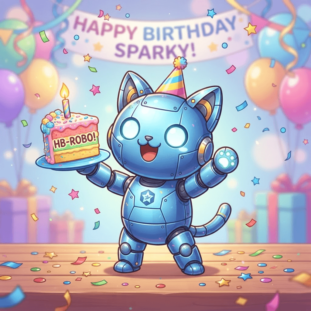 Chibi original robot cat character celebrating with birthday cake and confetti, blue metallic body, round eyes, cute cartoon anime illustration style