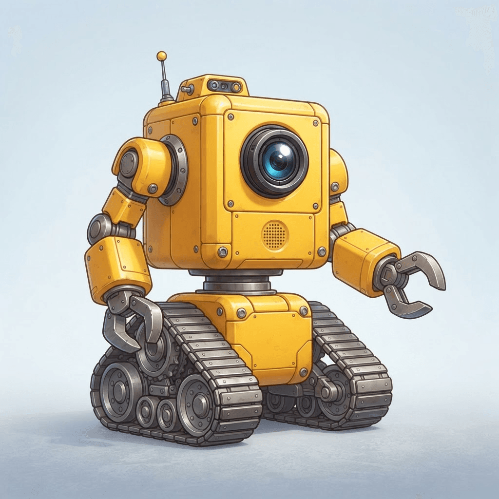 a friendly boxy yellow robot character with tank treads instead of legs, one big round camera eye and chunky claw arms, smooth clean unpainted plating, full body original character design, plain soft gradient background, vibrant, crisp high detail, digital illustration, no text, no words, no numbers, no logos, no watermark