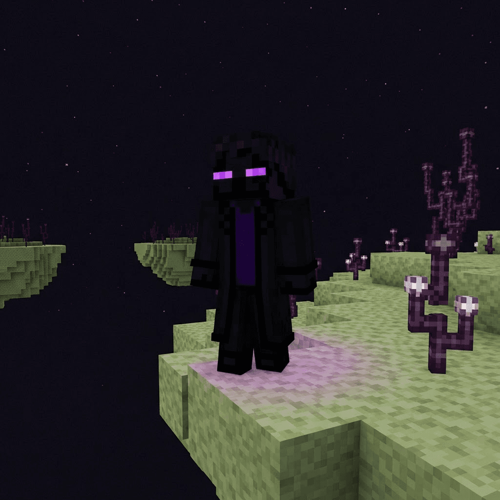 original Minecraft-style player character, blocky voxel body and square head, pixel-art skin, no text, no logos, crisp high detail, vibrant, game render look, an enderman-inspired original character in a long dark coat with glowing purple eyes, floating end-stone island, night sky