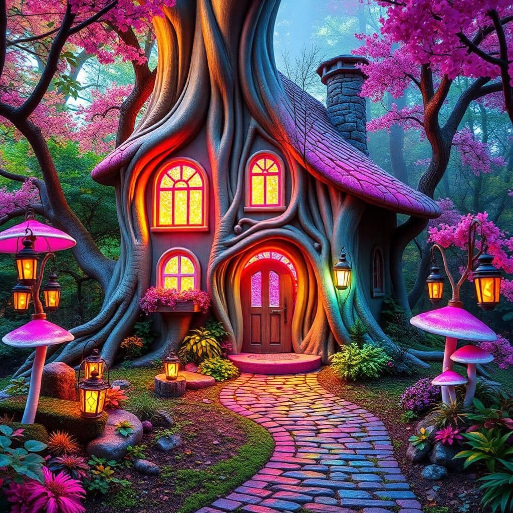 a vibrant, rainbow-infused, whimsical dream house hidden in a kaleidoscope of colorful woods. the house is crafted from swirled pastel-hued tree roots with radiant windows that shimmer in every color of the rainbow, from hot pinks to electric blues, and glittering like a thousand tiny diamonds. softly glowing rainbow-colored embers dance within the house's chimney, wafting out wispy ribbons of vibrant smoke that unfurl into curls of delicate lavender and sunshine yellow.

the enchanted garden bursts with technicolor beauty: colossal, iridescent mushrooms rise from the earth like blooming flowers, their caps a mesmerizing array of hues. tiny lanterns, crafted from delicate glass and radiant with a rainbow's splendor, hang from twisted trees, casting a kaleidoscope of warm, shimmering light across the lush greenery. a winding cobblestone path, paved with stones that shimmer in every color of the rainbow, leads up to a wooden door adorned with glittering rainbow-colored ornaments and a brass doorknob that spins with a gentle, rainbow-colored glow.

as the rainbow-colored sunlight filters through the enchanted woods, painting the scene in hues of pastel pink and sunshine yellow, the dream house appears as a magical portal, inviting all who wander into its whimsical world to step across the threshold and discover a realm of endless wonder, where fantasy and reality blend in a tapestry of breathtaking colors.