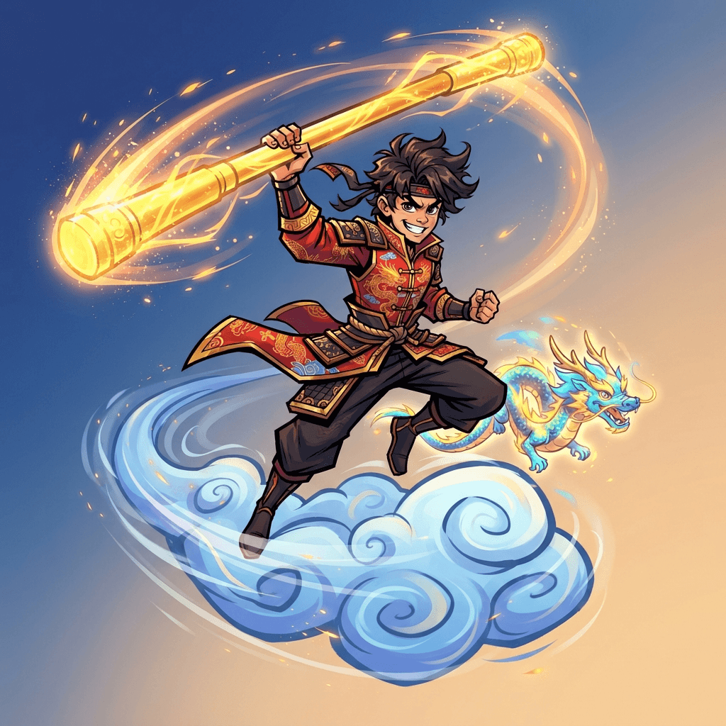 original teen hero with glowing golden staff riding a cloud, stylized action cartoon, Chinese mythology flair