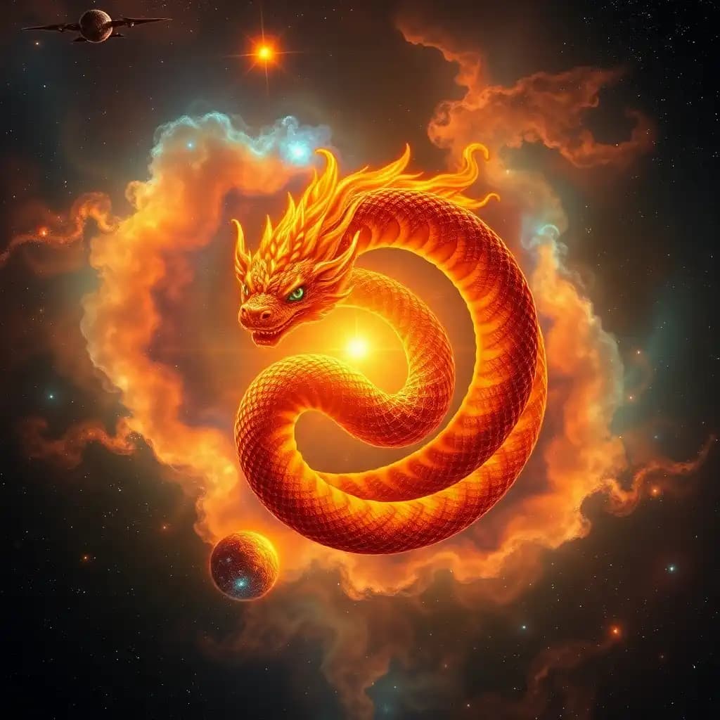 Amidst the kaleidoscopic expanse of a forgotten nebula, a mythical solar serpent coils in on itself in an elaborate dance of fire and elegance. Its scales glimmer with cosmic iridescence, casting kaleidoscope reflections that ripple across the vastness of space. As it spirals through the heavens, it weaves a rich tapestry of conflagrant hues, uniting the sacred warmth of the sun with the ancient mystery of the stars.