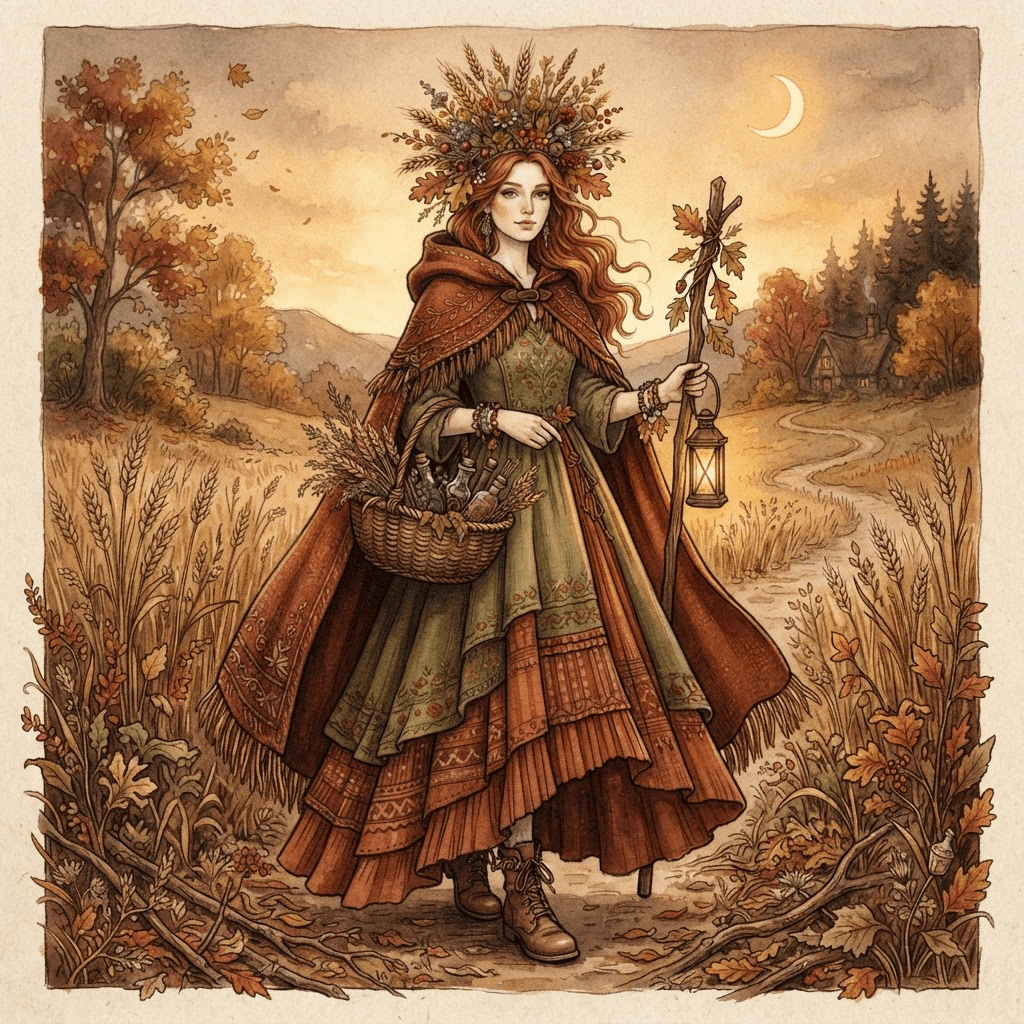 harvest witch fashion, autumn cloak, wheat and dried flower crown, rust and moss tones, full length gown look, fashion illustration, full body