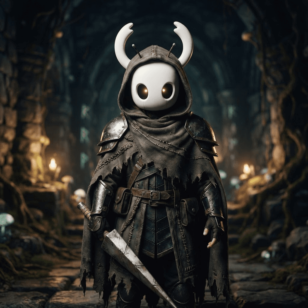 a small cloaked bug knight with a white horned mask and a nail sword, cosplay portrait, waist up, detailed costume