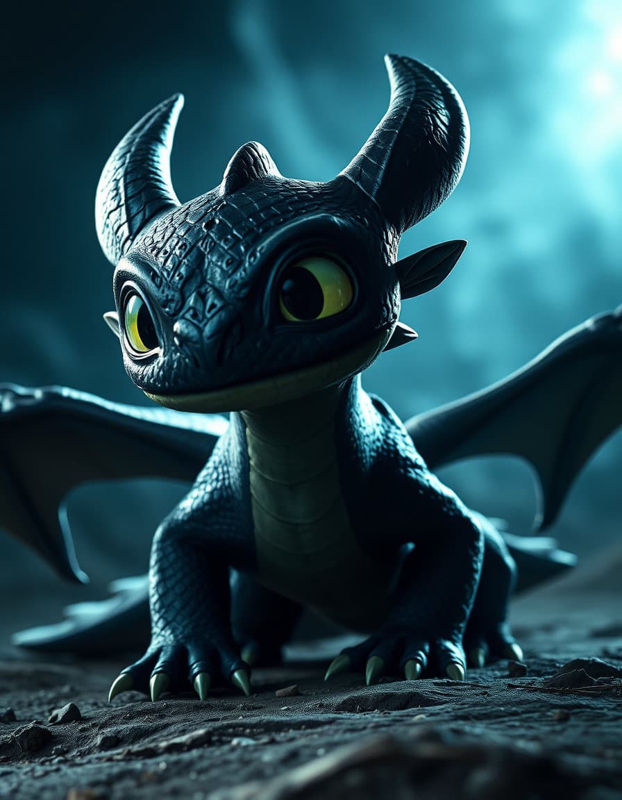 a highly exaggerated, cinematic depiction of toothless, the night fury dragon, set against an even darker and more ominous background