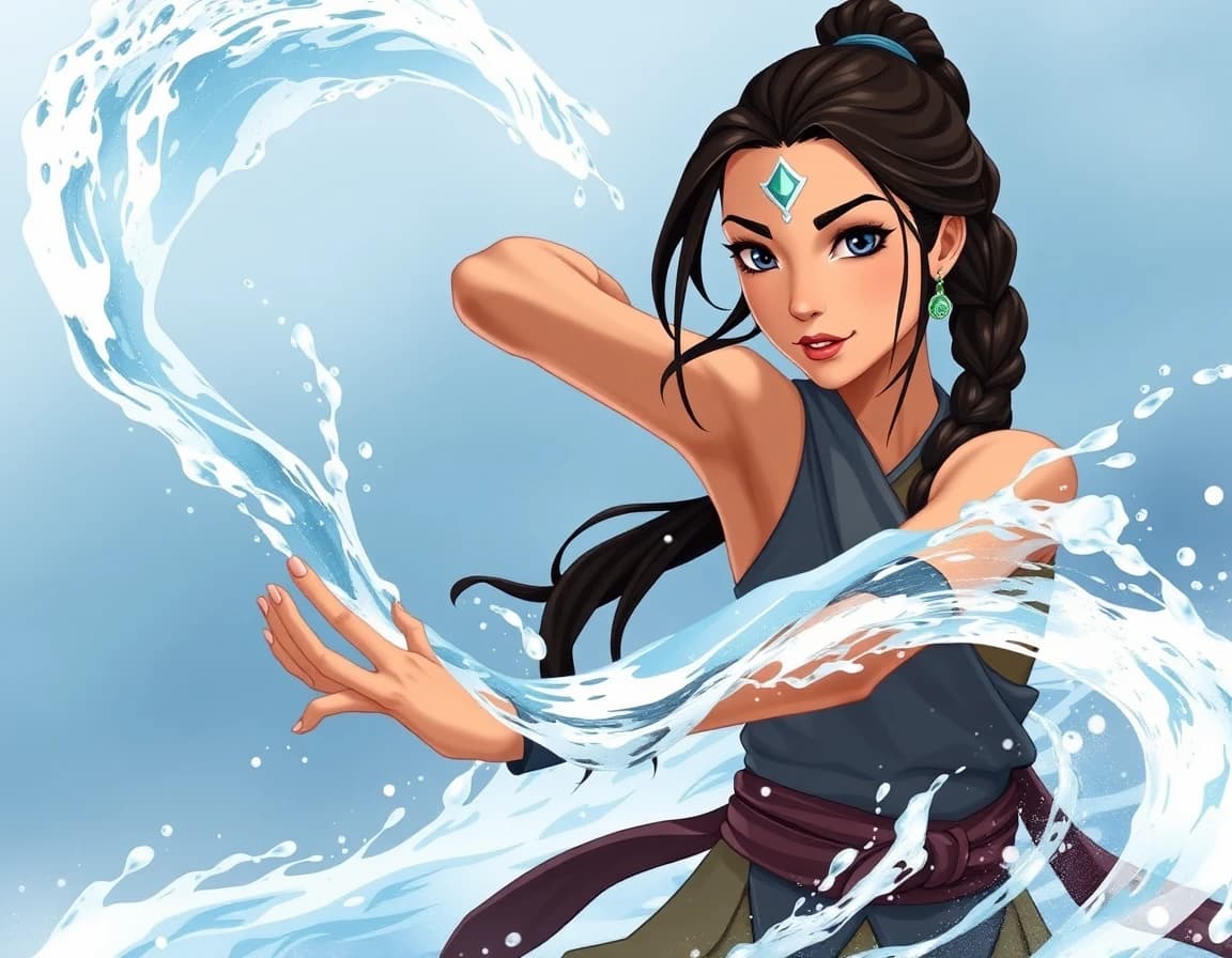 Katara avatar the last Airbender style art more realistic looking katara not human realistic anime, cartoon realistic bending water